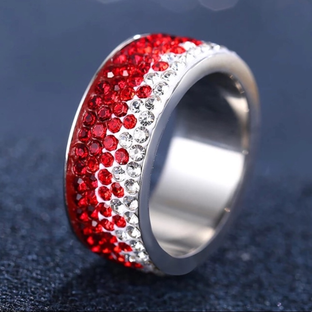 Red CZ Crystals Stainless Steel Band Size 7 - 12